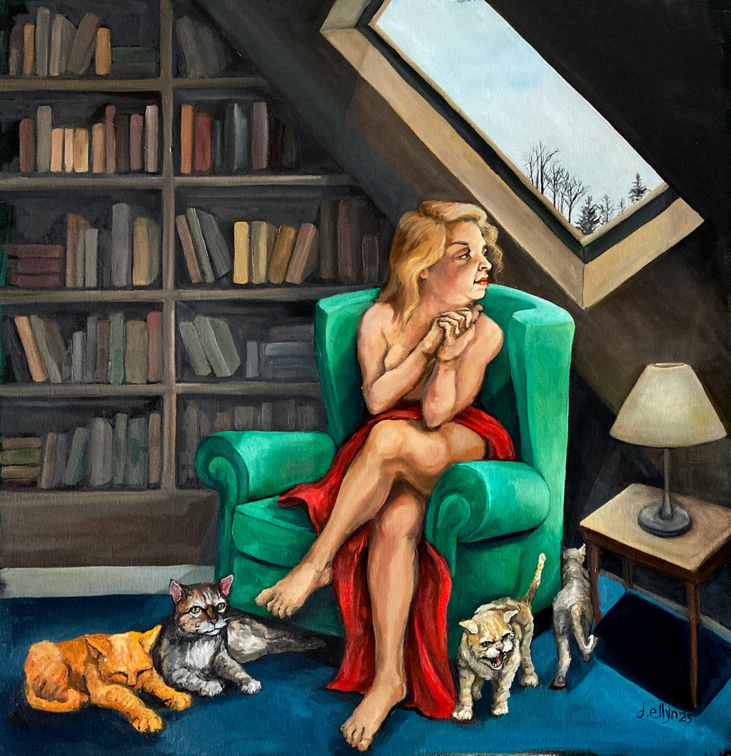 Woman in red sits poised in green chair, surrounded by cats, beneath a skylight. A quiet moment of strength and stillness.