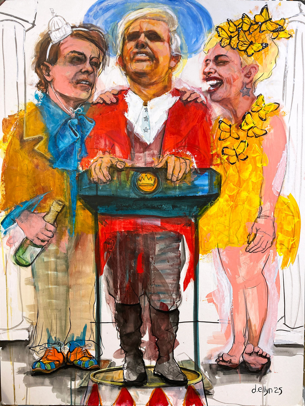Painting of three figures at a White House podium in elaborate, Hunger Games–style costumes, merging political theater with Capitol opulence
