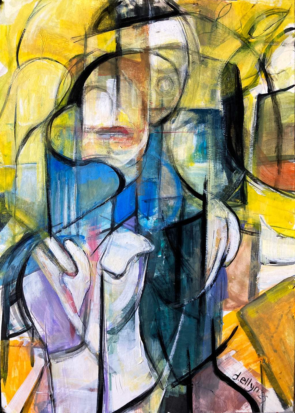 Abstract painting of two interwoven figures with curving black lines and yellow-blue tones, symbolizing human connection.