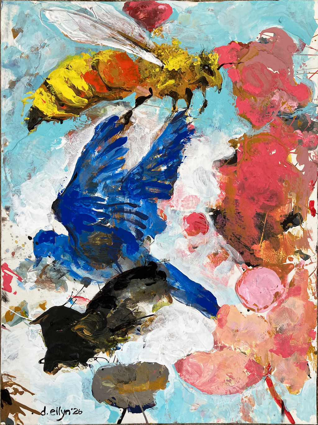 Palette-pressed abstract painting where bird and bee shapes appear through layered color, texture, and spontaneous form.