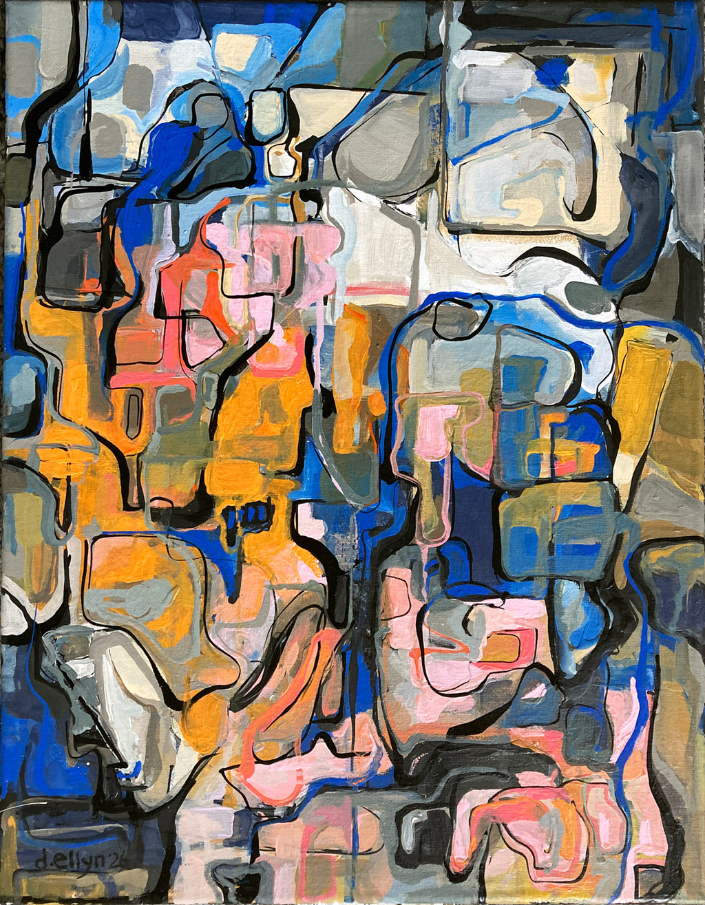 Abstract acrylic painting titled Brooklyn Winter with layered geometric forms in muted blues, grays, pinks, and ochres suggesting urban winter atmosphere.