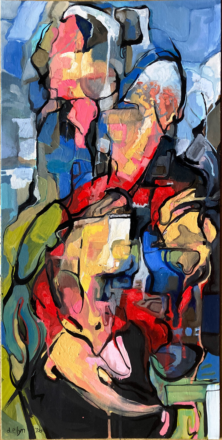 Abstract figurative painting of a curved figure cradling a small form, expressed through layered color and gestural line.